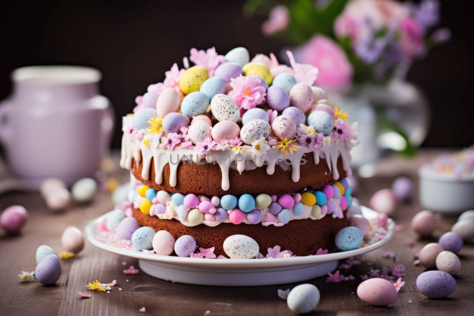 Delicious decorated Easter cake in rustic kitchen. ai generated