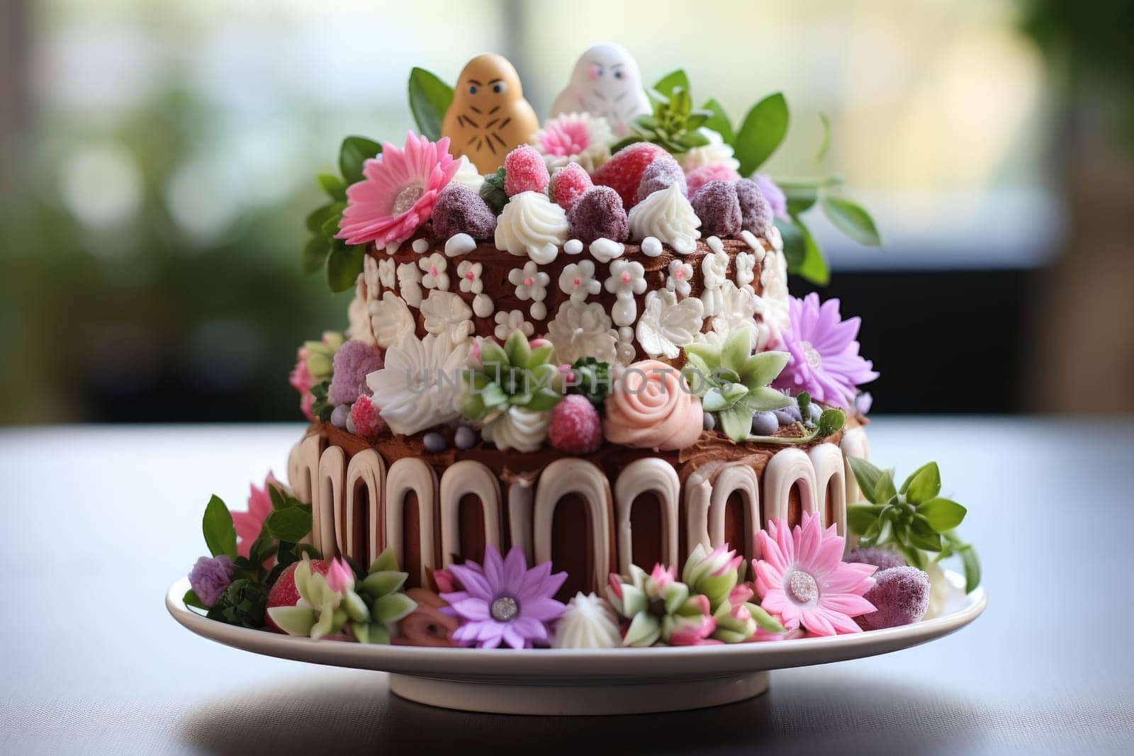 Delicious decorated Easter cake in rustic kitchen. ai generated