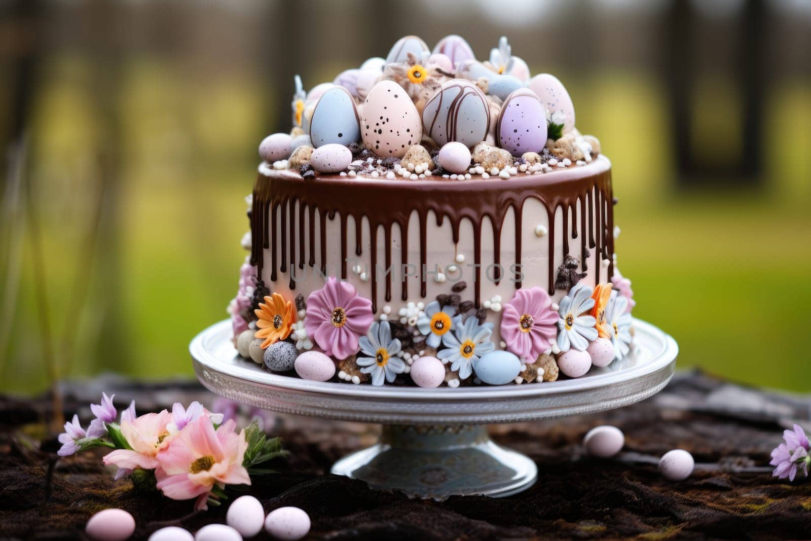 Delicious decorated Easter cake in rustic kitchen. ai generated