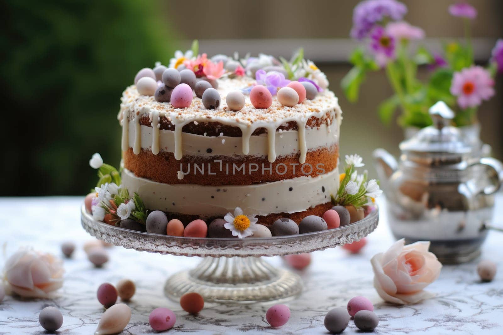 Delicious decorated Easter cake in rustic kitchen. ai generated