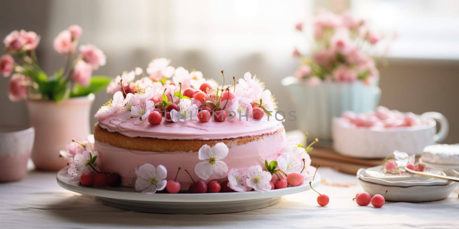 Delicious decorated Easter cake in rustic kitchen. ai generated