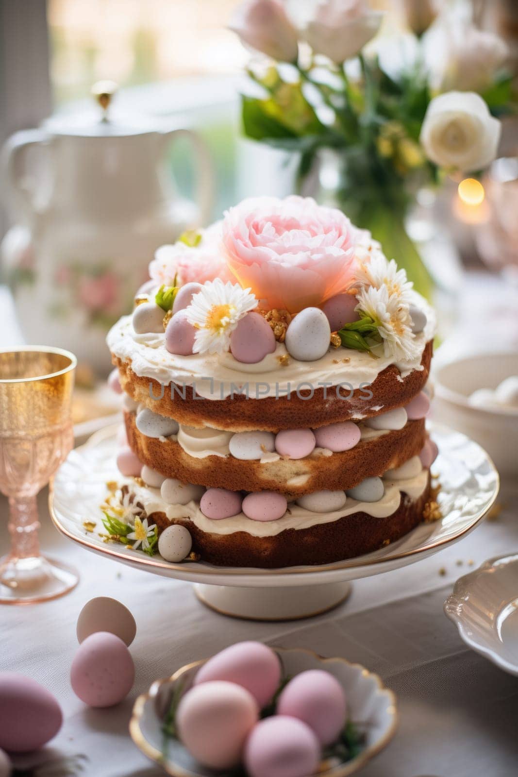 Delicious decorated Easter cake in rustic kitchen. ai generated