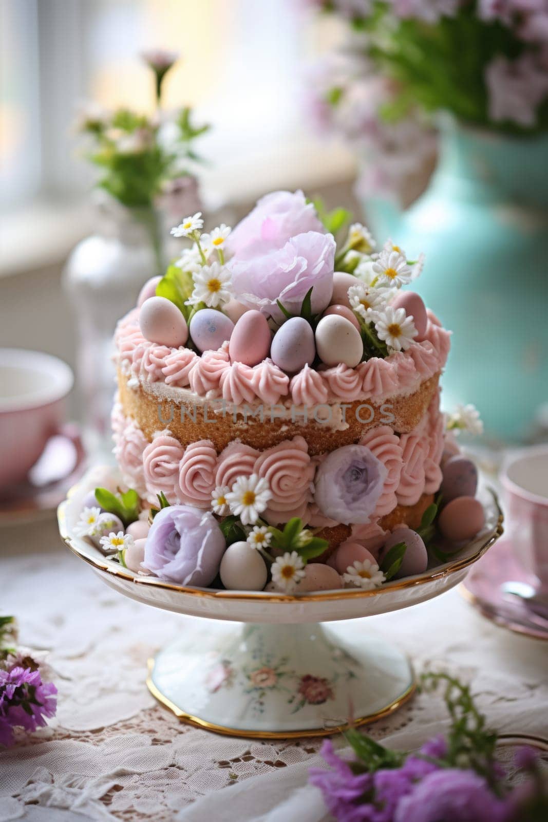 Delicious decorated Easter cake in rustic kitchen. ai generated