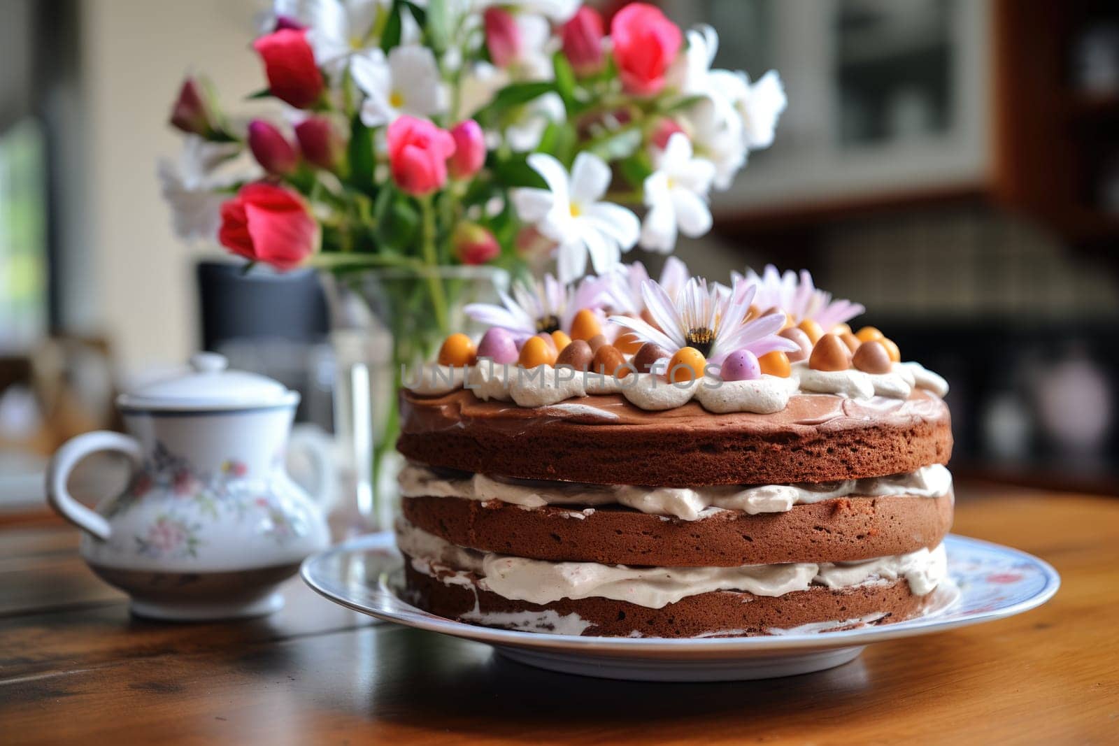 Delicious decorated Easter cake in rustic kitchen. ai generated
