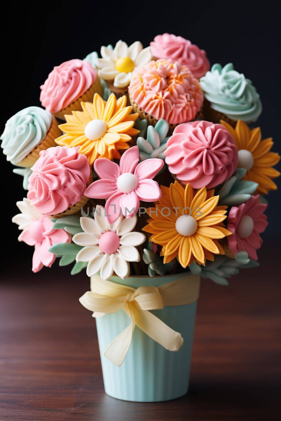 sweet food floral spring nature design for the holiday season. edible easter bouquet with ribbon, gift idea. ai generated