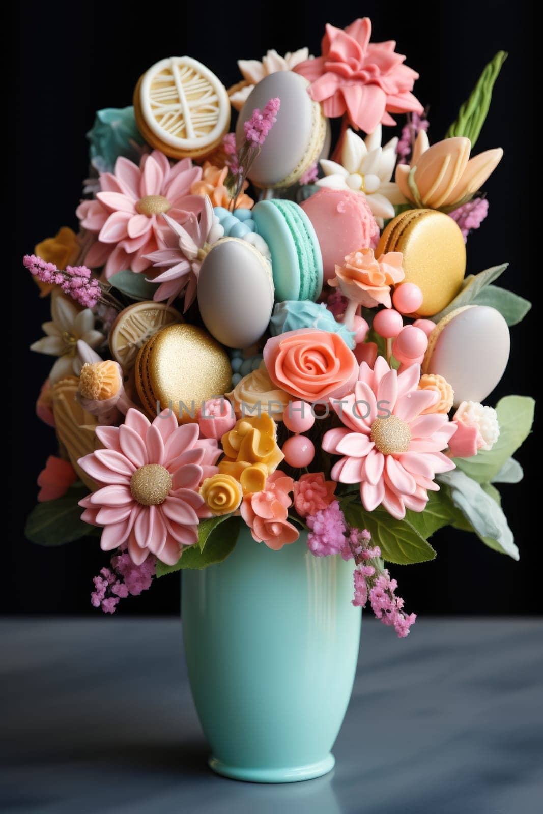 sweet food floral spring nature design for the holiday season. edible easter bouquet with ribbon, gift idea. ai generated