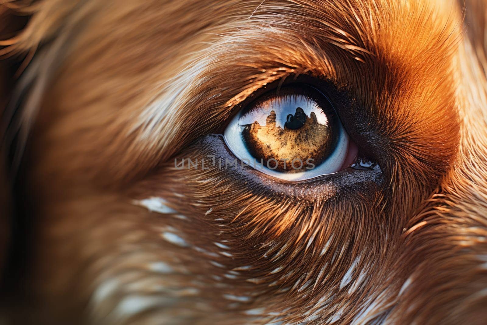 Closeup photo of a cute brown dog eye and face. ai generated