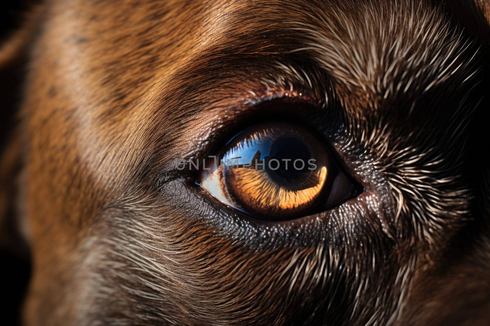 Closeup photo of a cute brown dog eye and face. ai generated