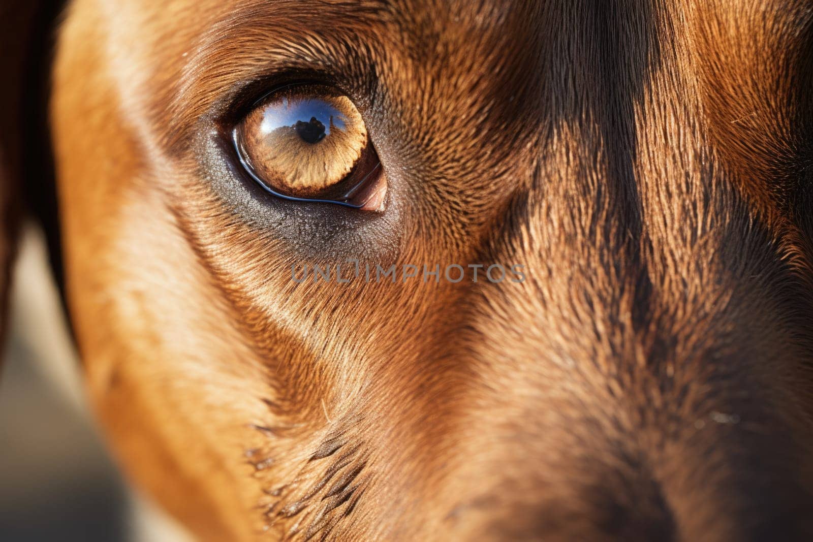 Closeup photo of a cute brown dog eye and face. ai generated