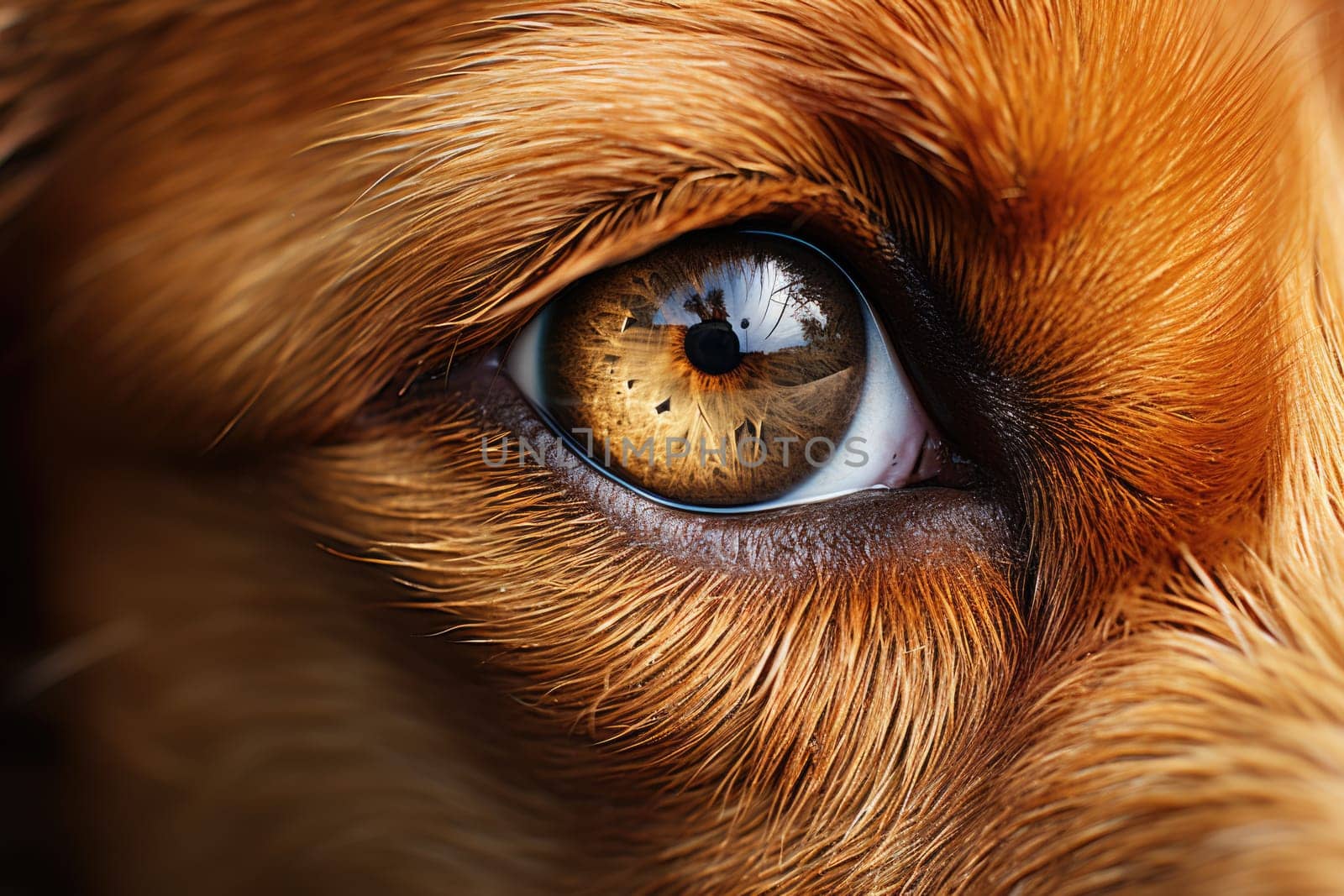 Closeup photo of a cute brown dog eye and face. ai generated