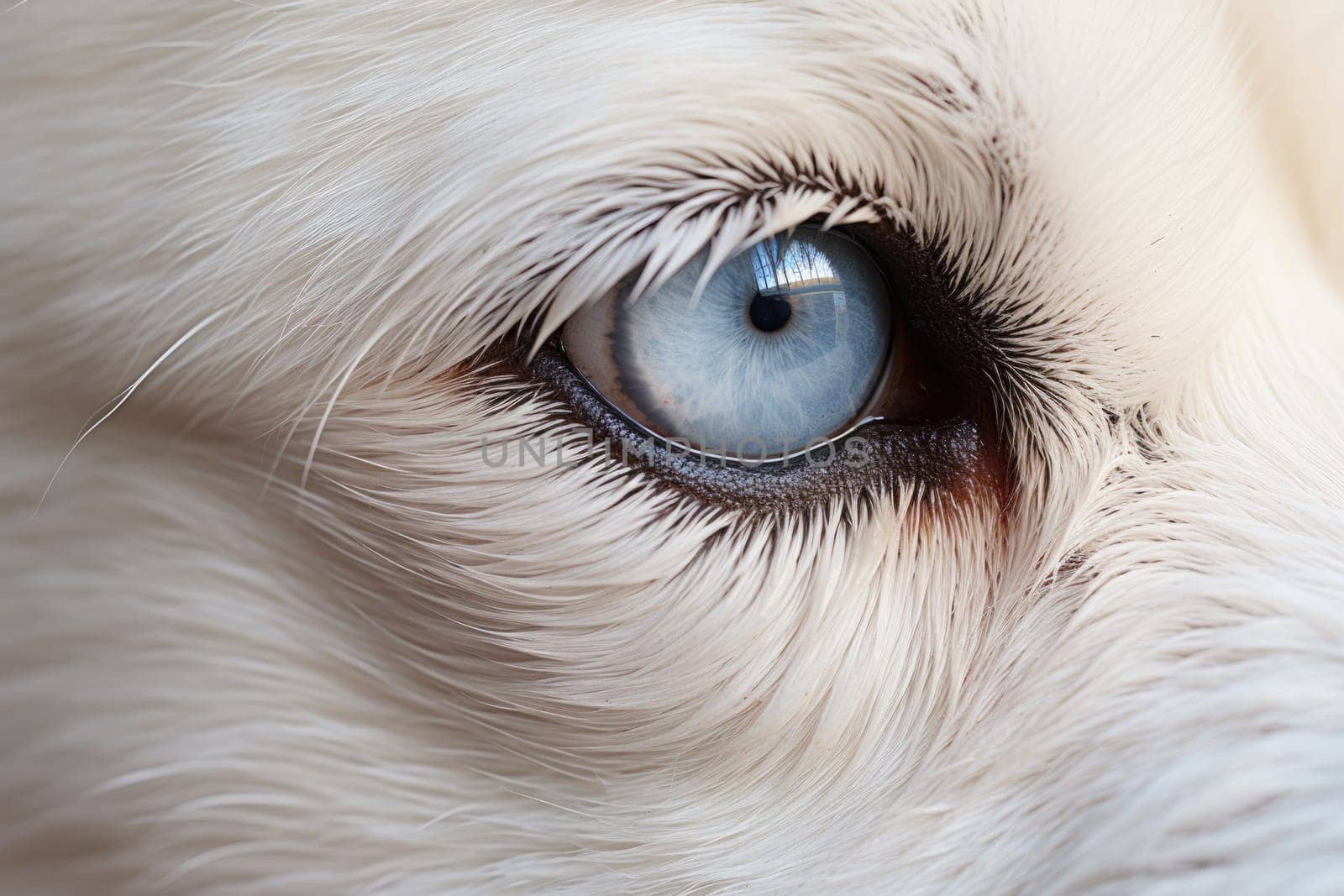 Closeup photo of a cute white dog eye and face. ai generated