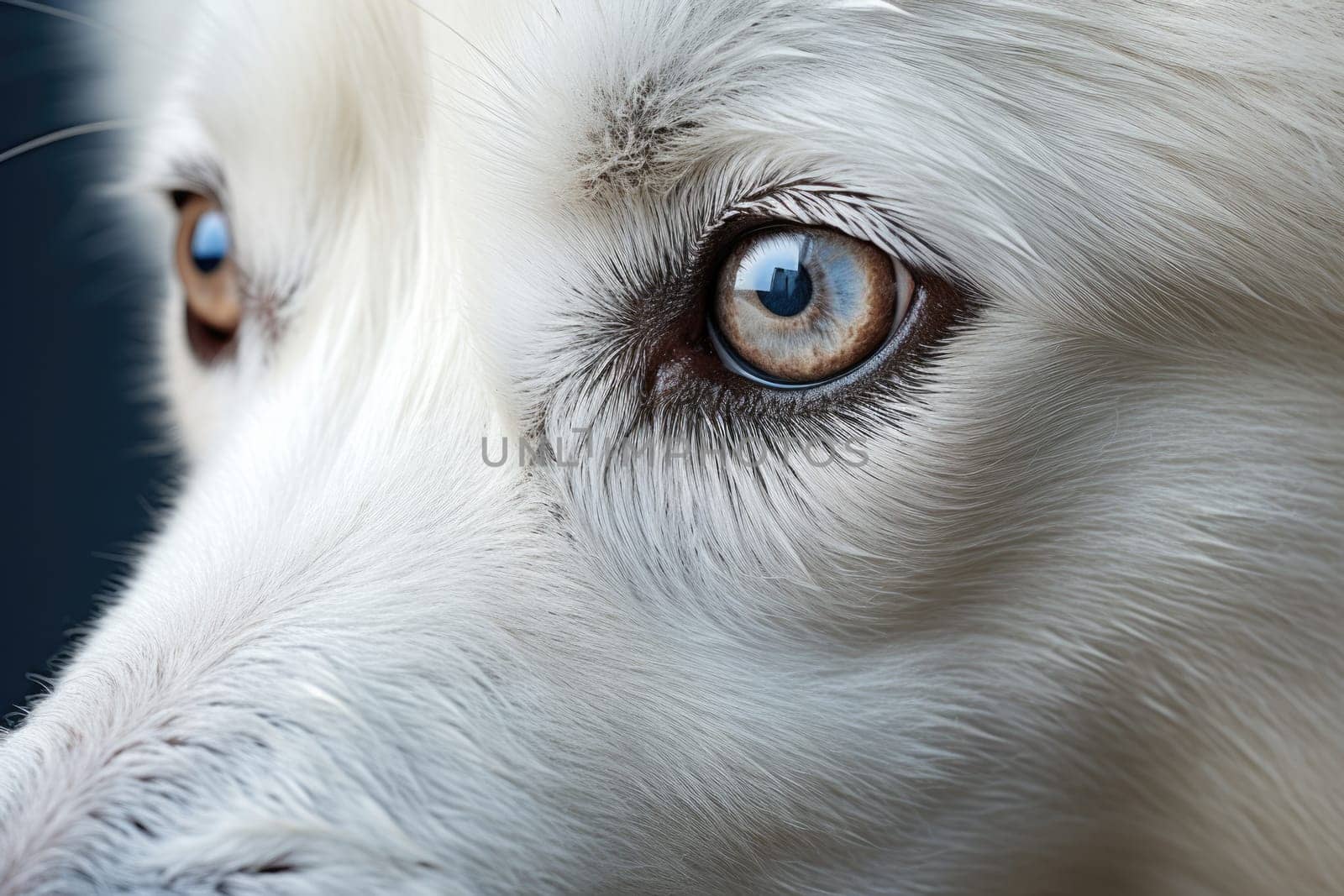 Closeup photo of a cute white dog eye and face. ai generated