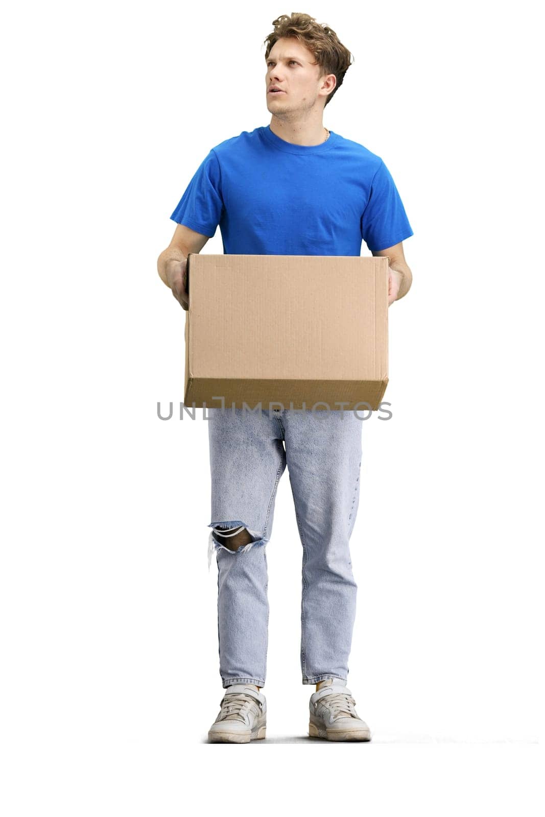 The deliveryman, full-length, on a white background, with a box.