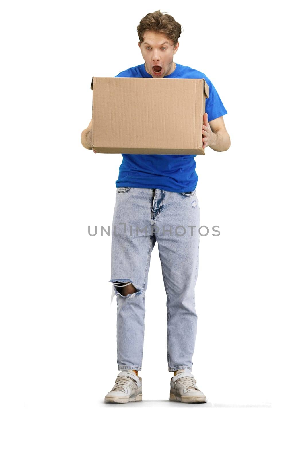 The deliveryman, in full height, on a white background, is shocked by Prosto