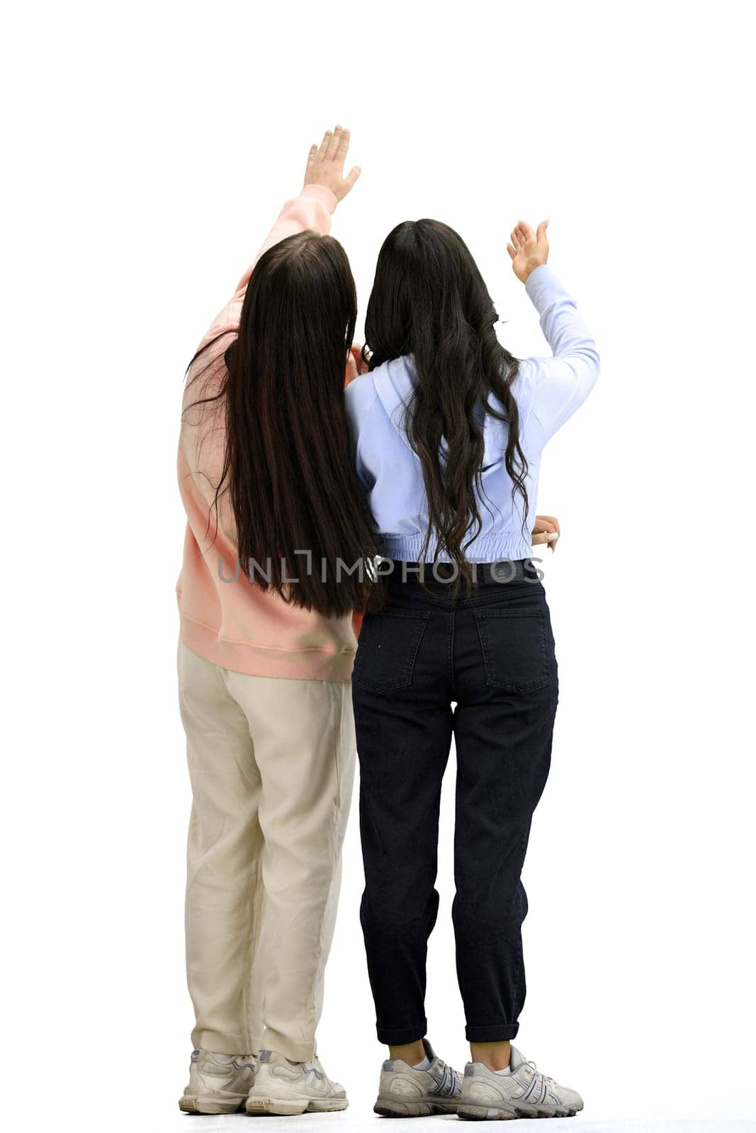 A women, full-length, on a white background, talking by Prosto