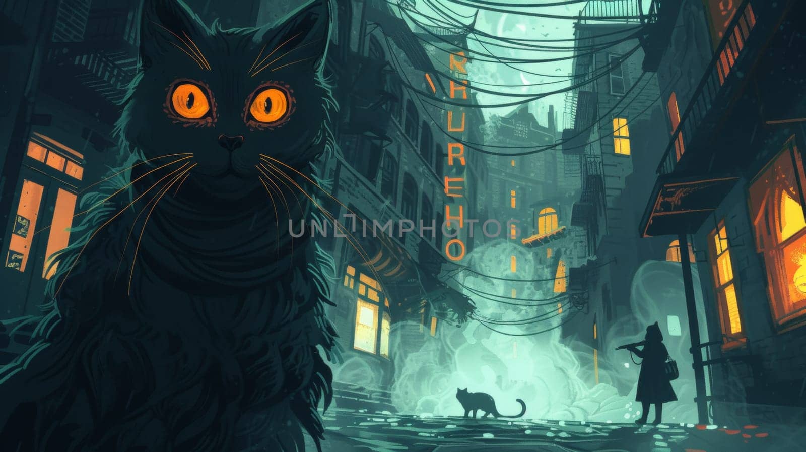 A black cat with orange eyes in a dark alleyway, AI by starush