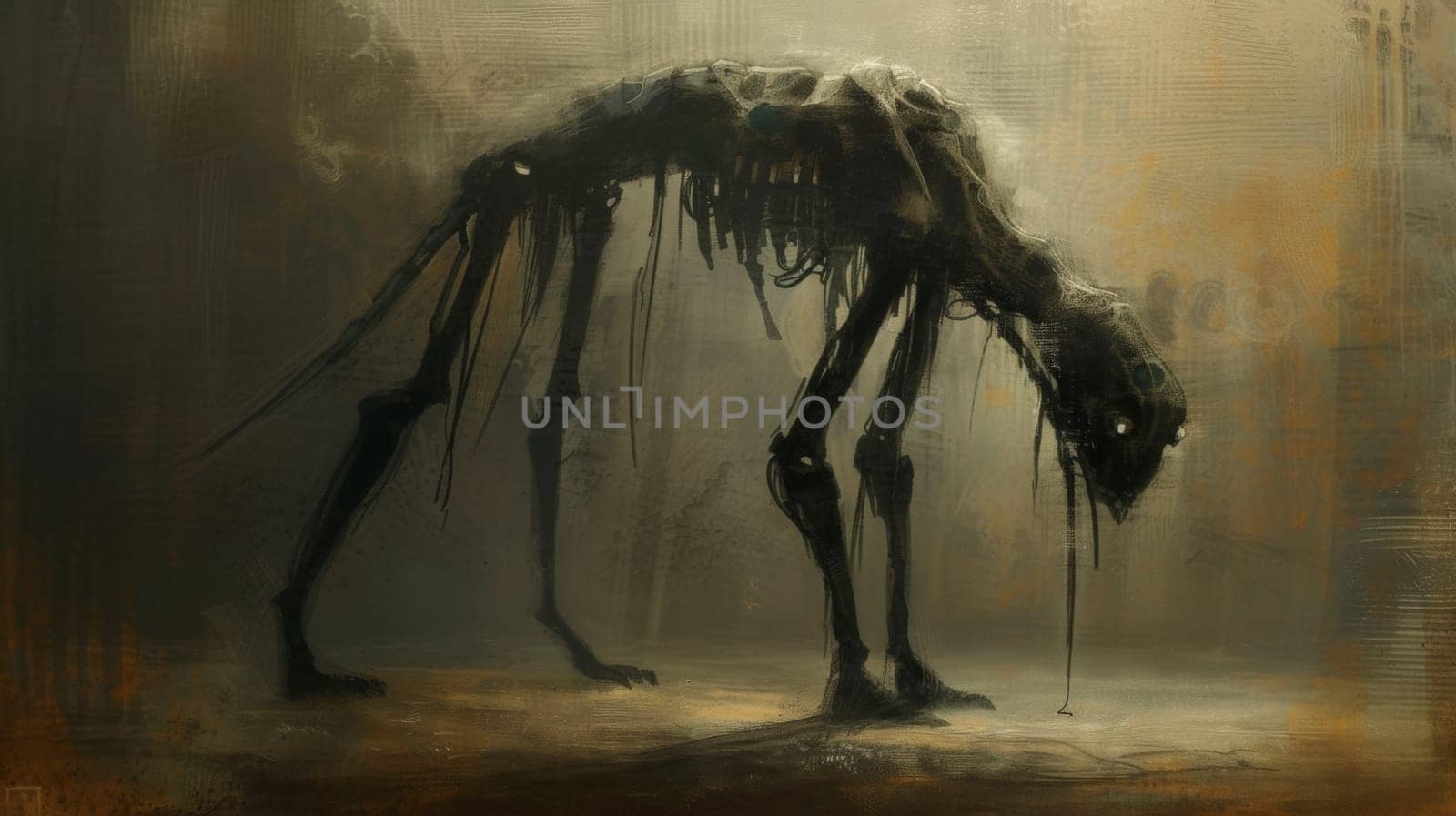 A large creature with a long neck and legs standing in the dark