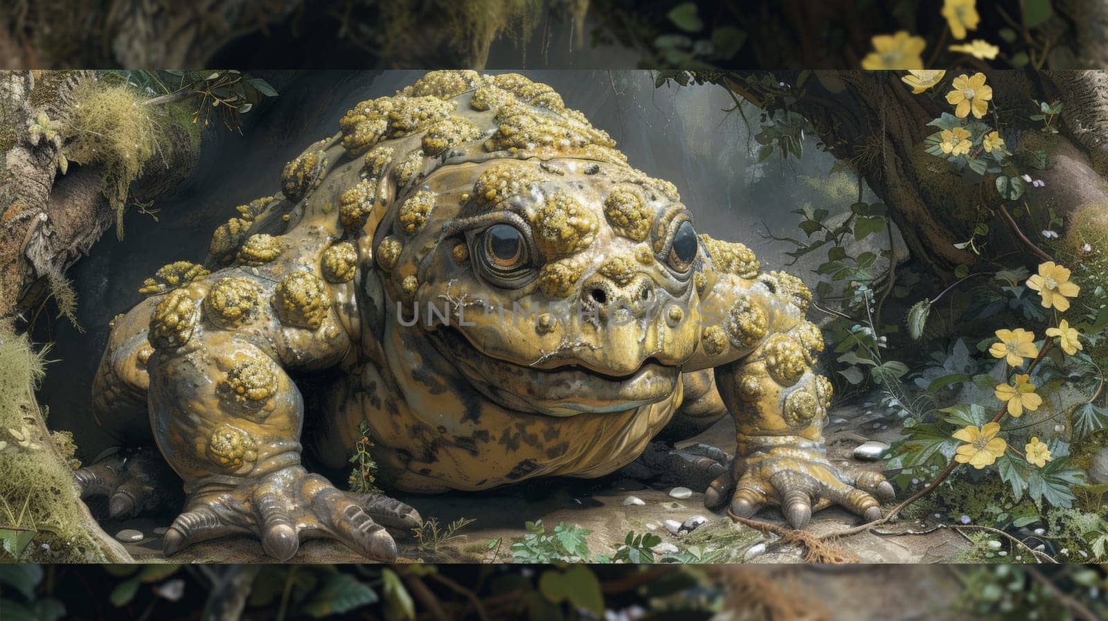 A large toad sitting in a forest with flowers and leaves