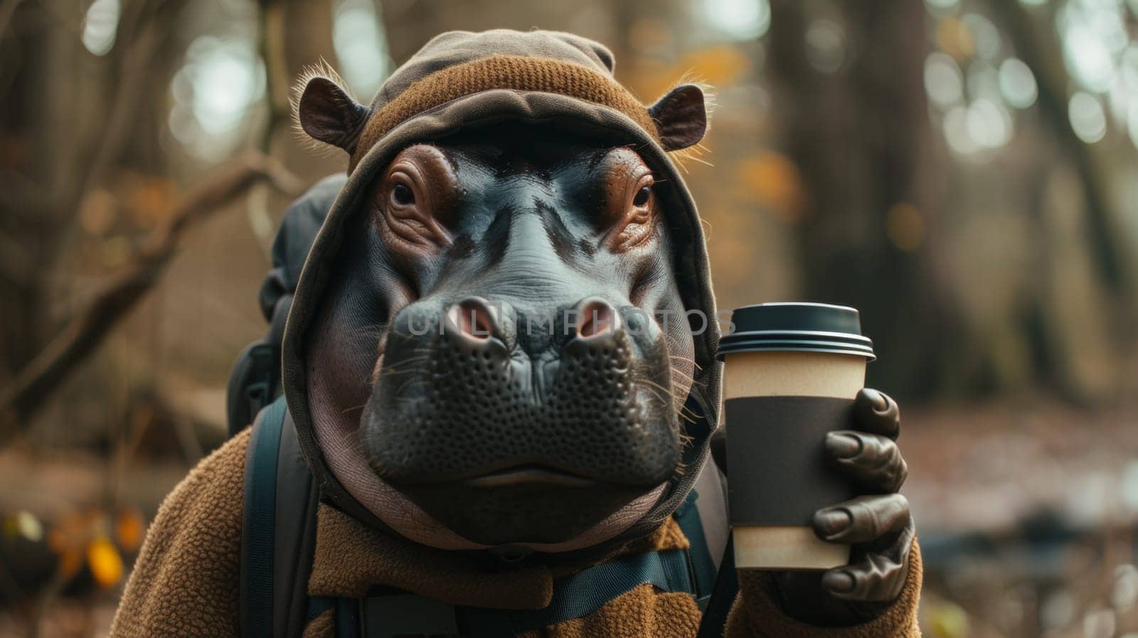 A hippo wearing a hoodie and holding coffee in hand