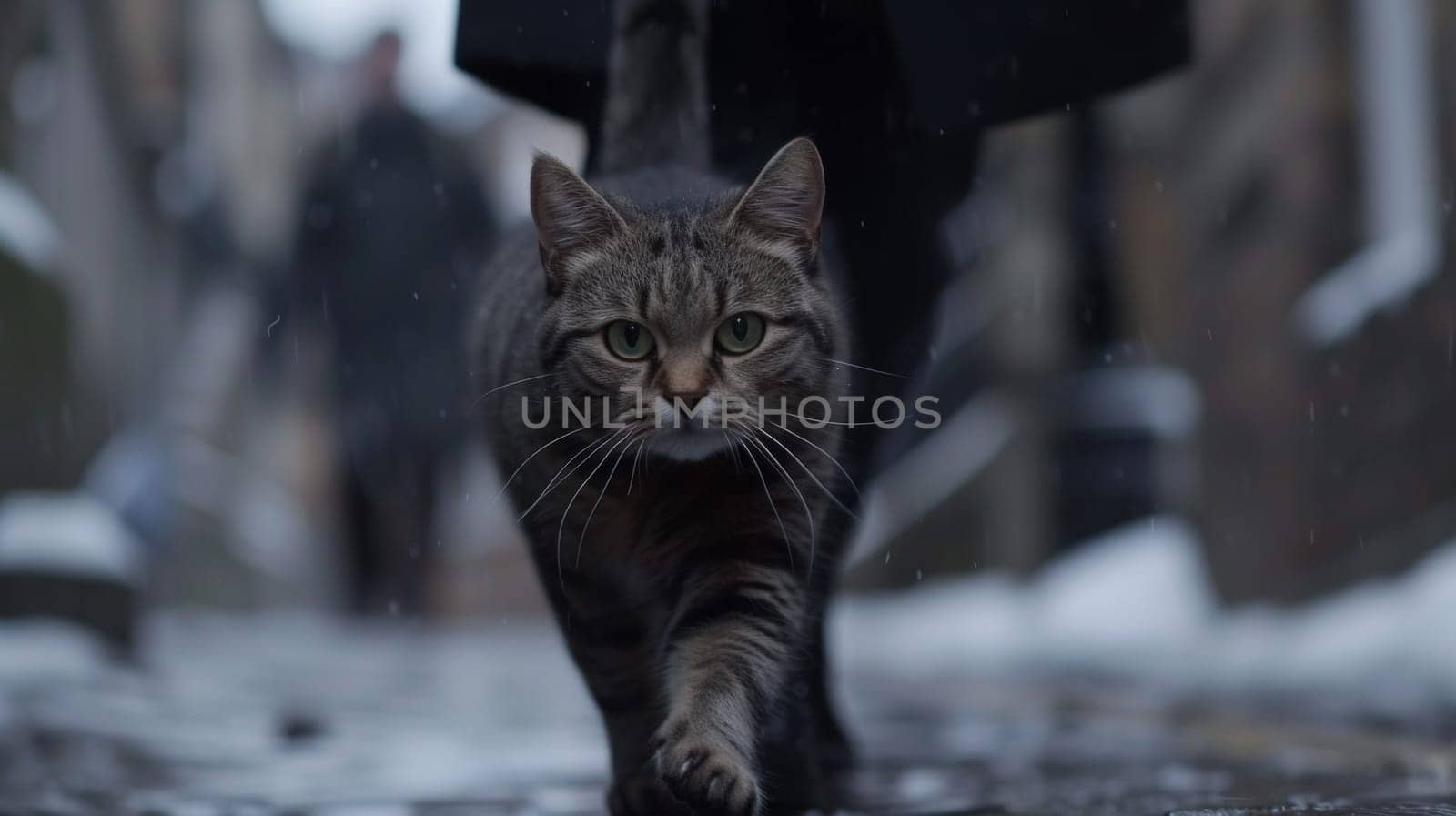 A cat walking down a sidewalk in the rain with people behind it