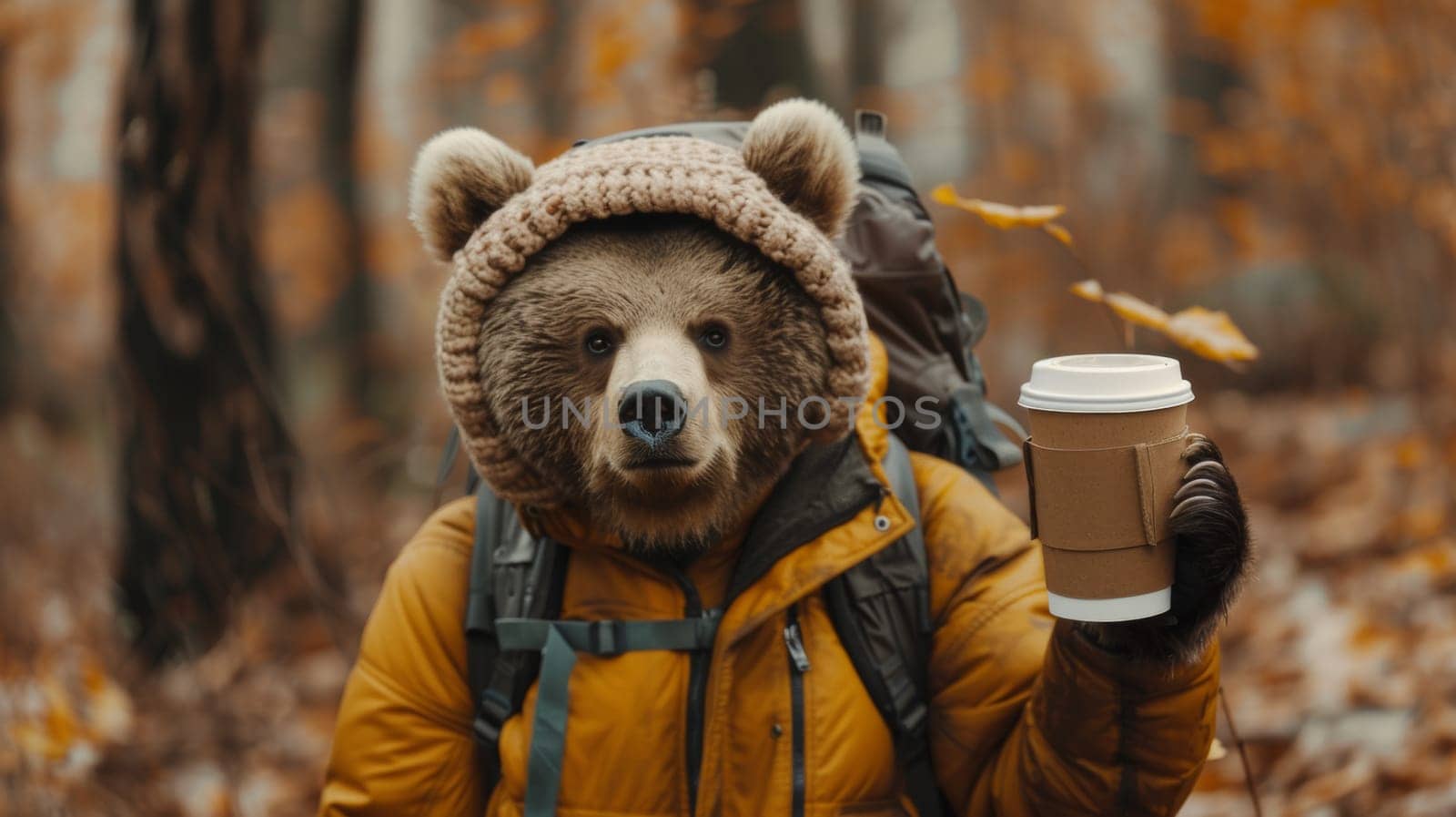 A bear in a winter coat holding up coffee and wearing a hat