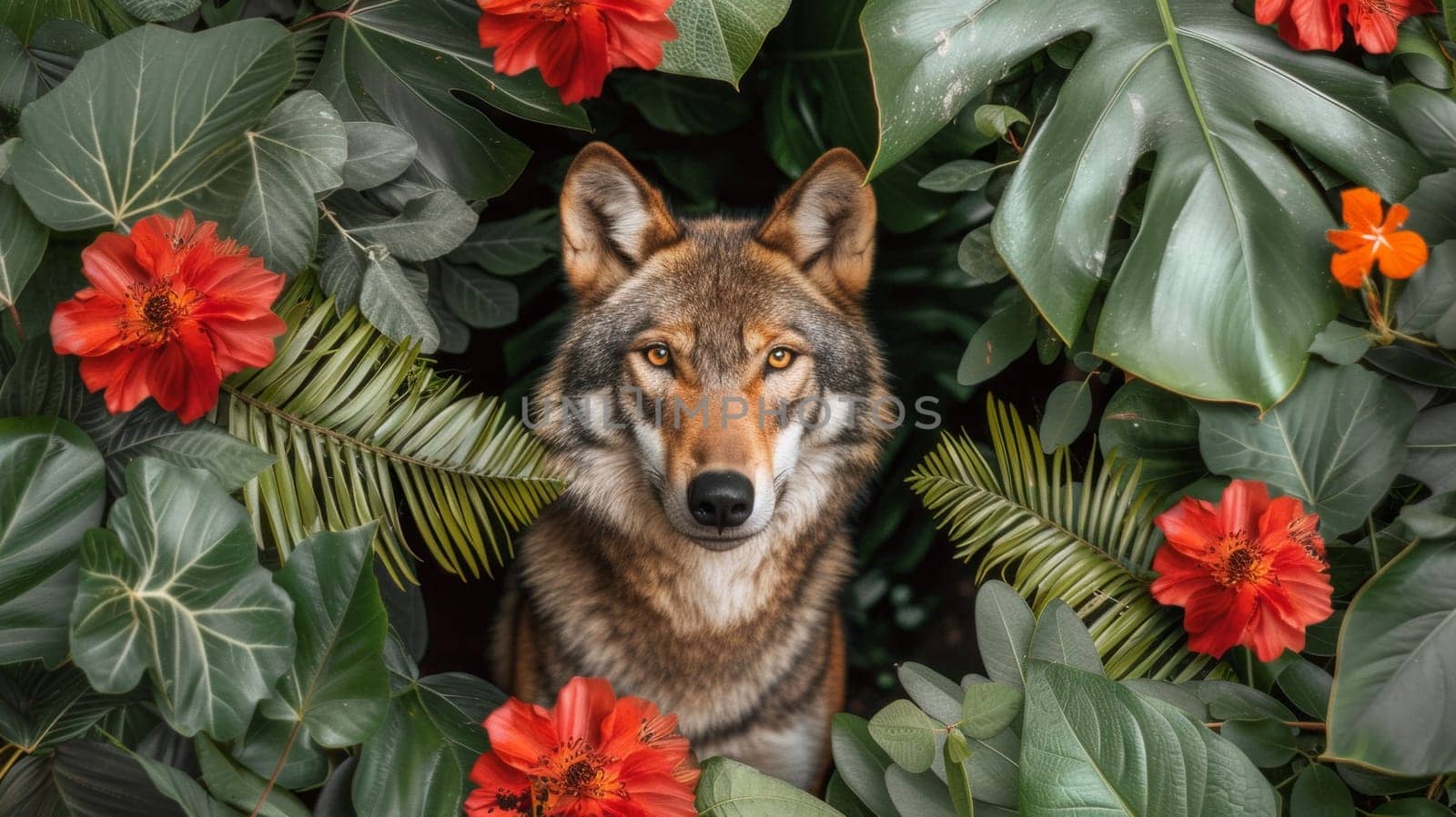 A wolf is surrounded by red and green leaves in a picture frame