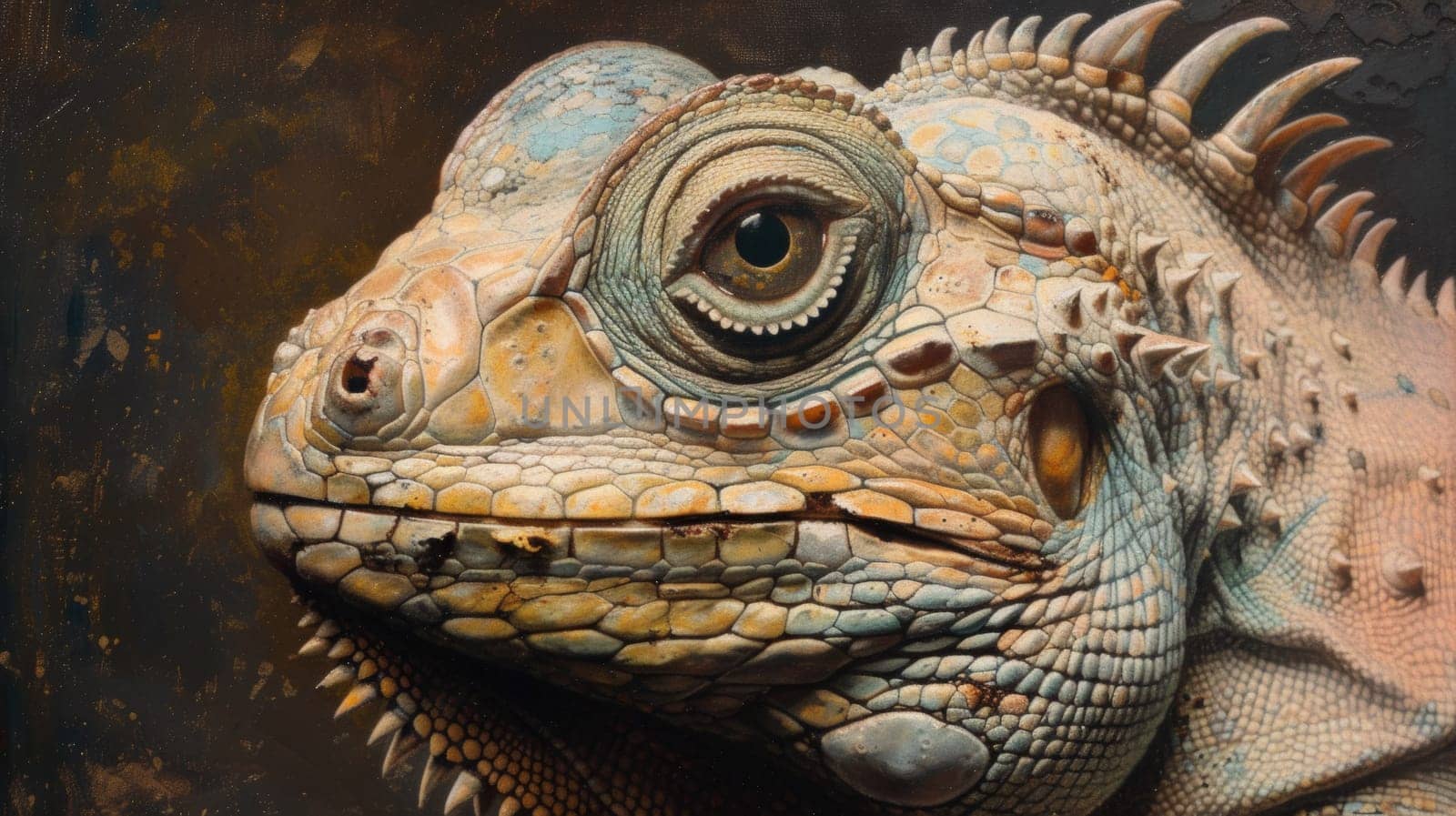 A close up of a lizard with large eyes and spikes on its head, AI by starush