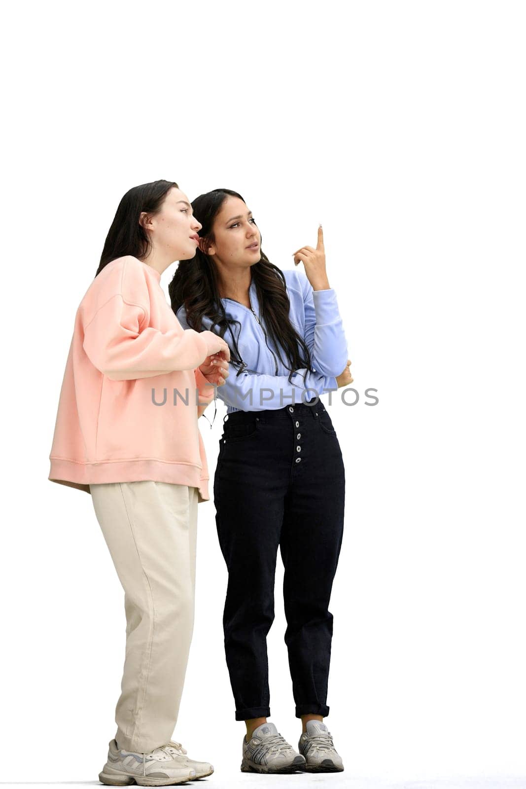 A women, in full height, on a white background, communicate by Prosto