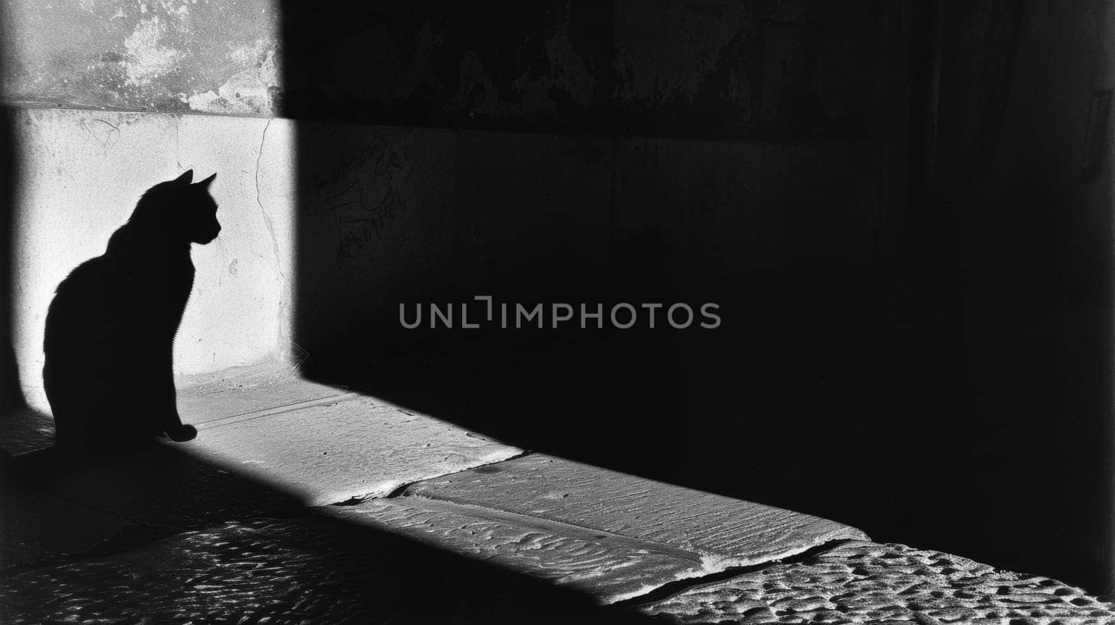 A black cat sitting on a stone floor in the shadow of another