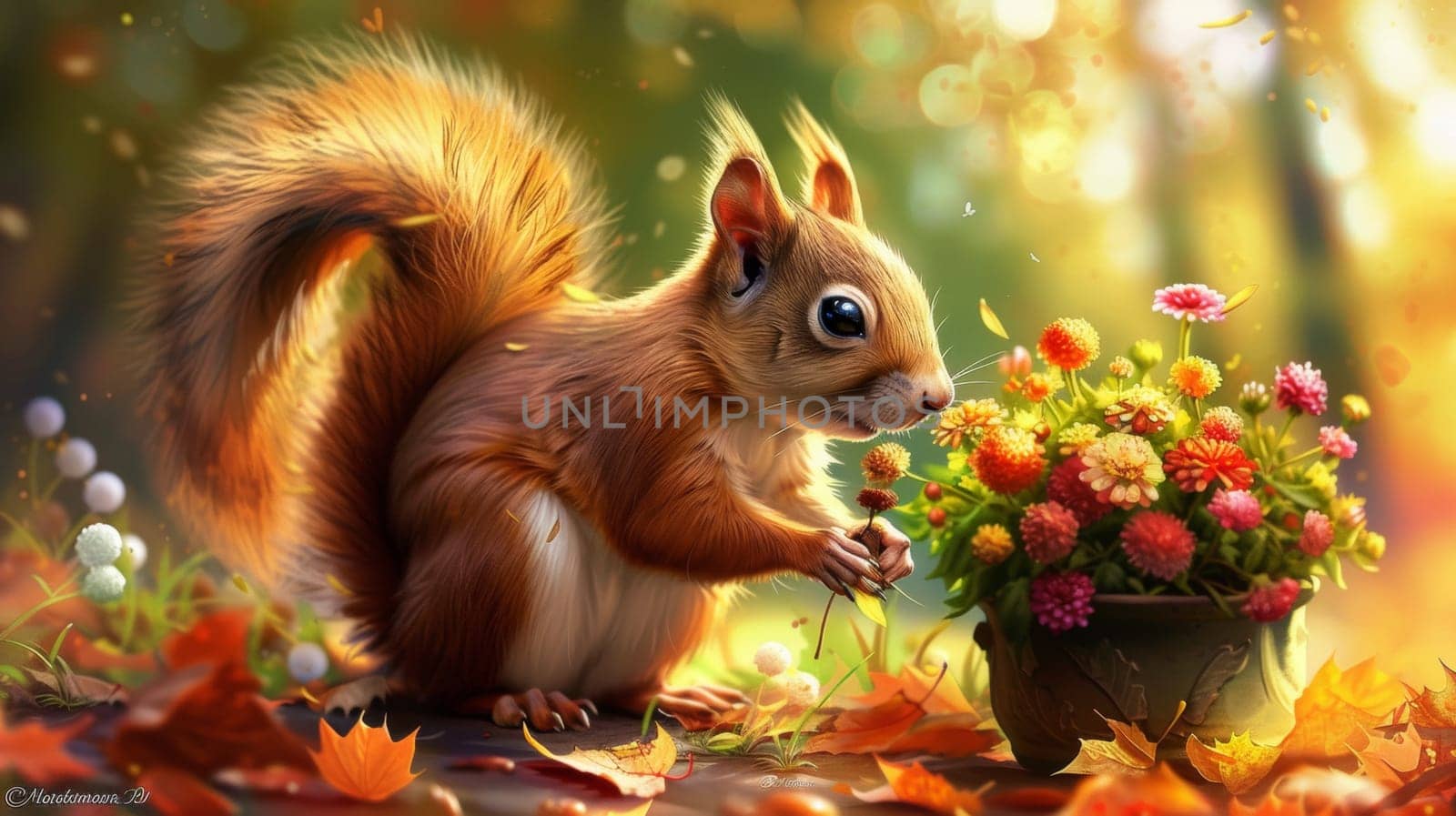 A squirrel is sitting on a flower pot with flowers and leaves