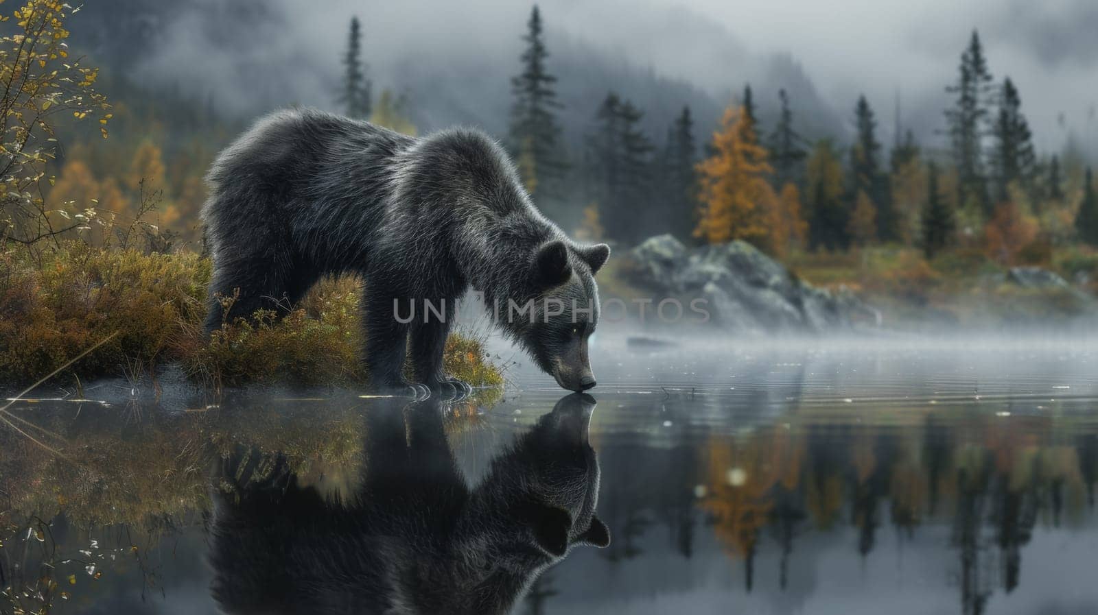 A bear standing on a hill looking at the water, AI by starush