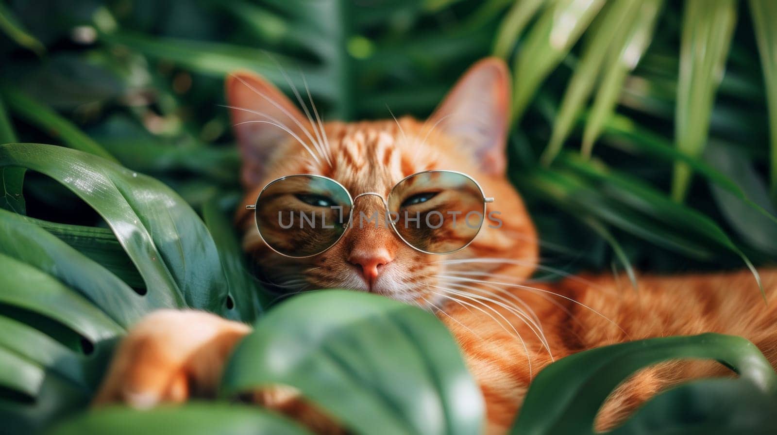 A cat wearing sunglasses laying in a green leafy plant