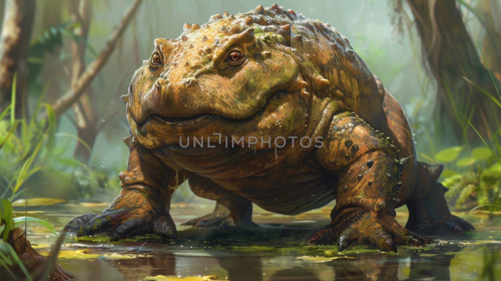 A large lizard standing in a swampy area with trees around it, AI by starush
