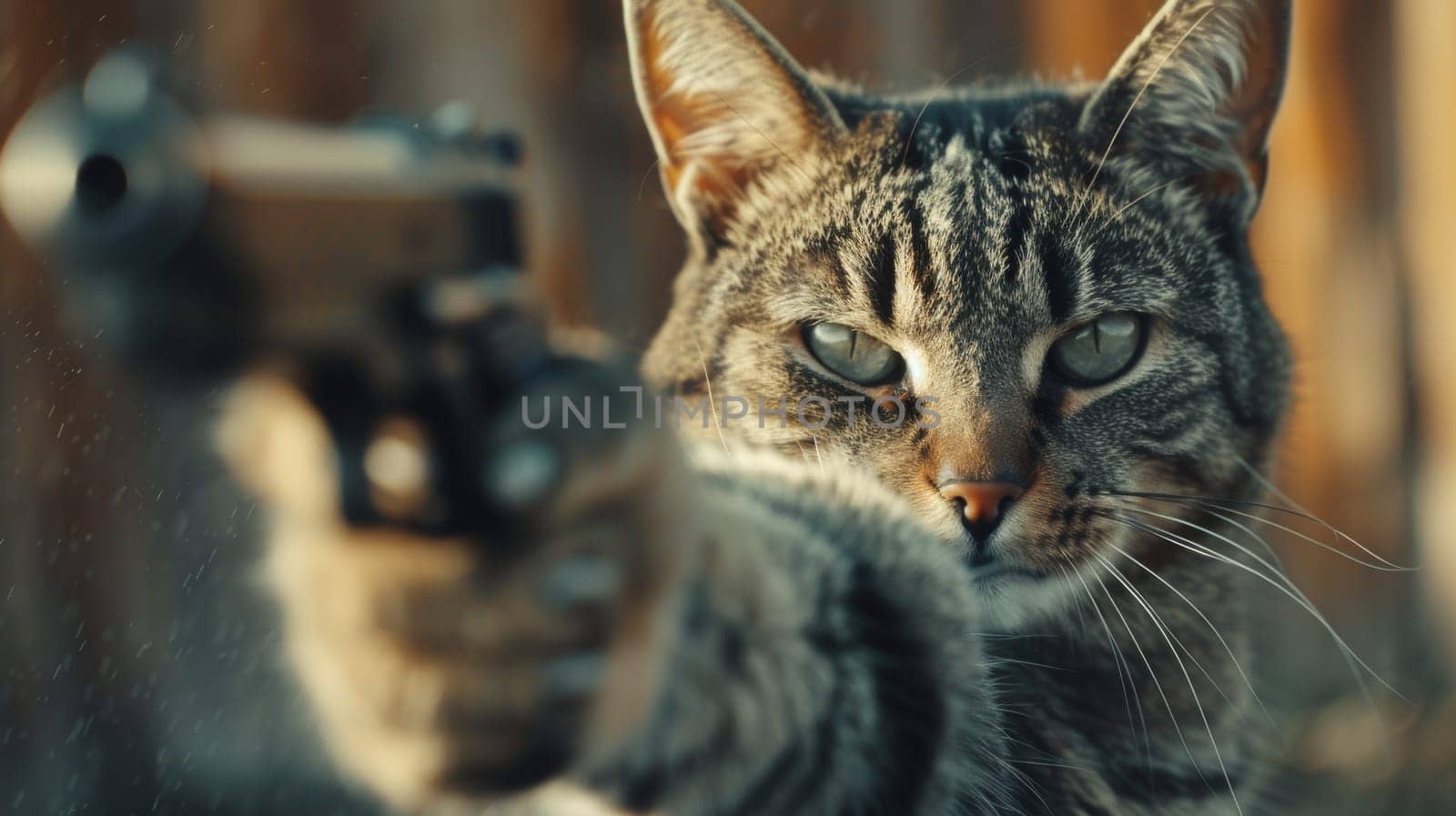 A cat with a gun pointing at something in the distance, AI by starush