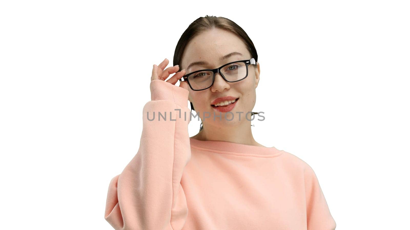 Woman, close-up, on a white background, wearing glasses.