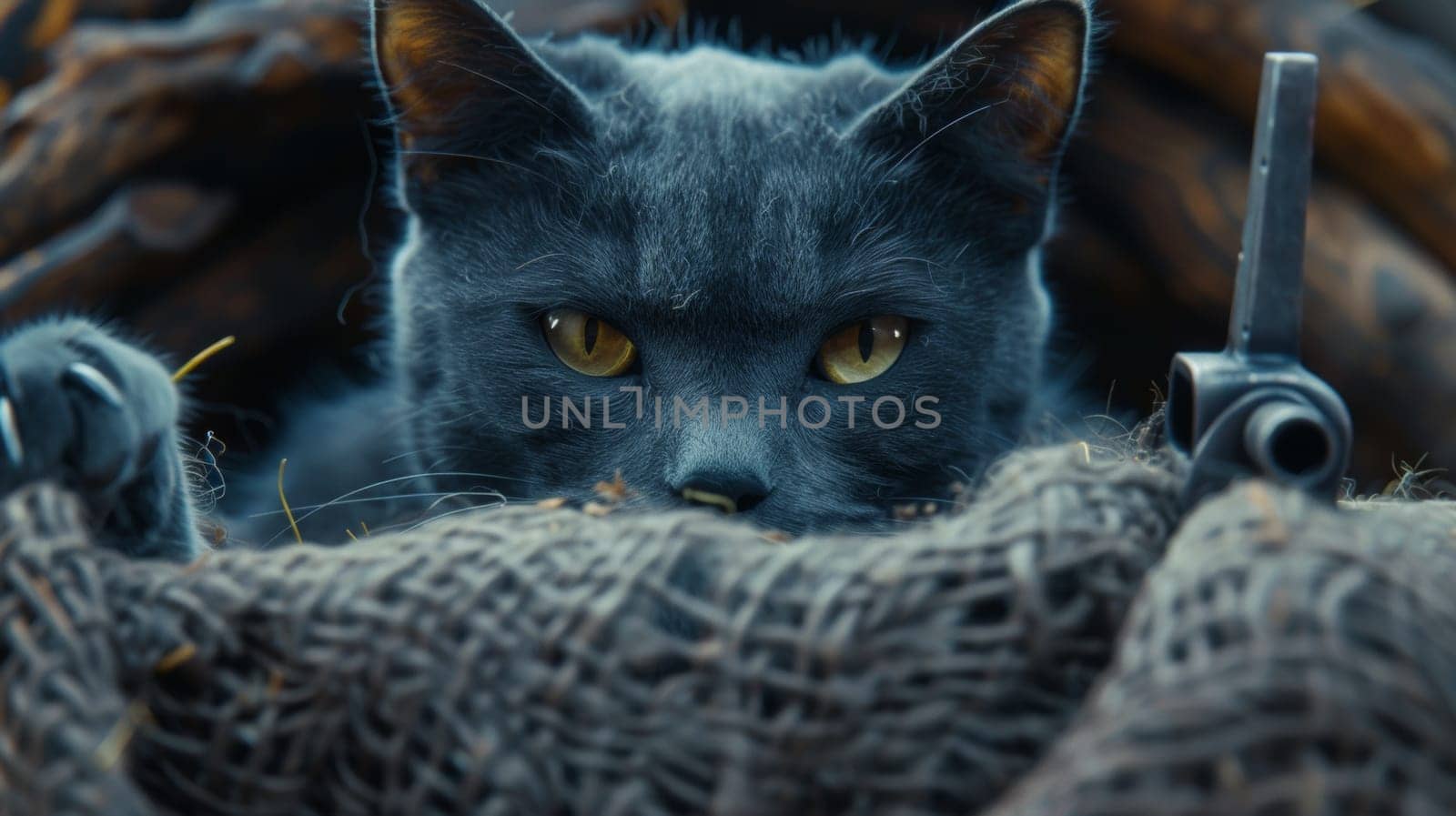 A black cat with yellow eyes peeking out from behind a piece of rope