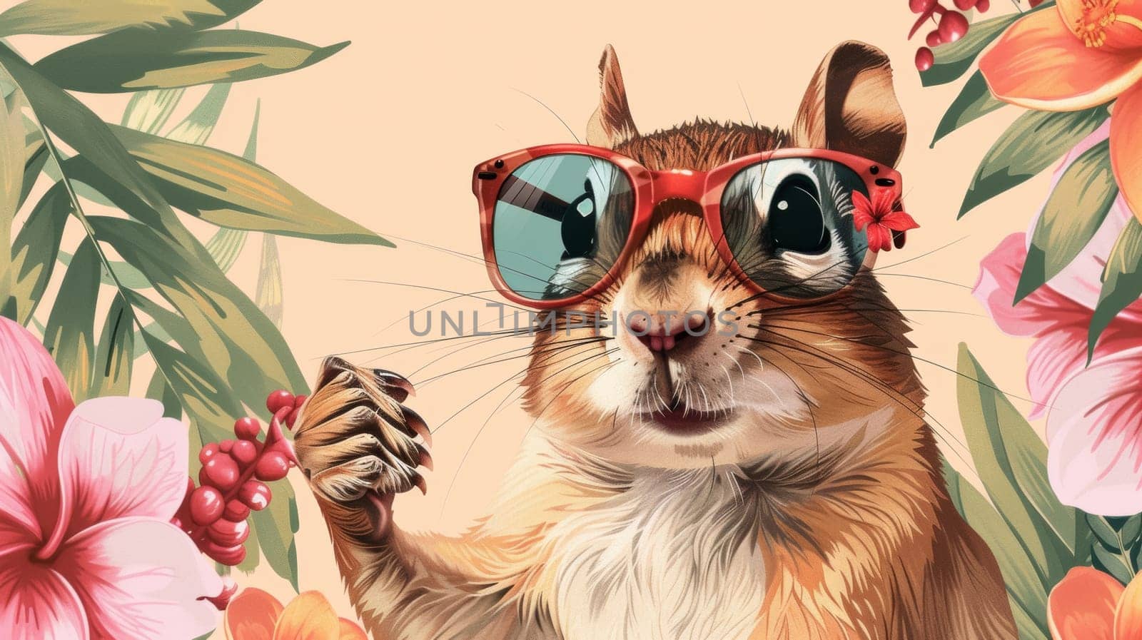 A squirrel wearing sunglasses and a flower crown with flowers