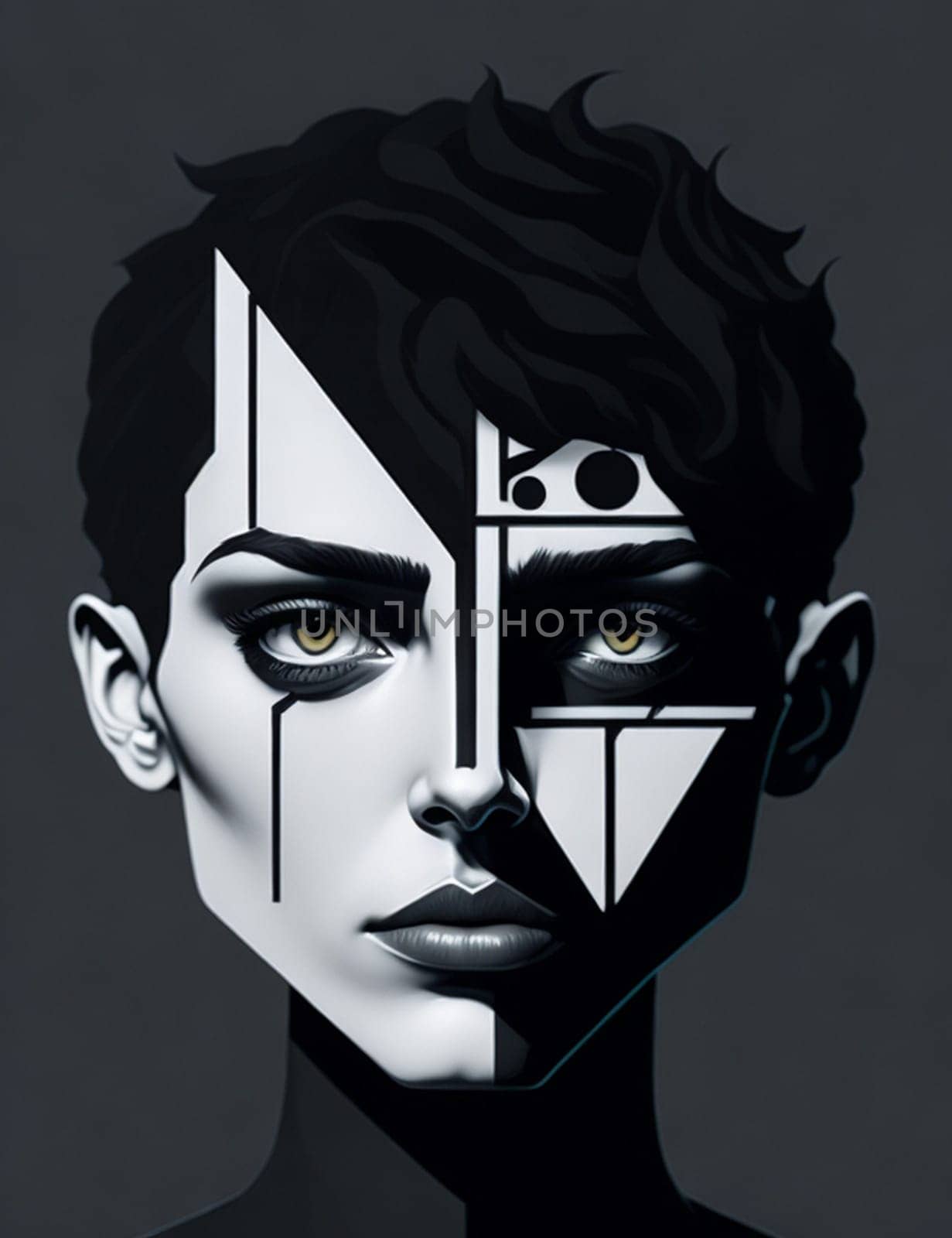 Portrait of a young woman in geometric Bauhaus style against a dark background. by Vailatese46