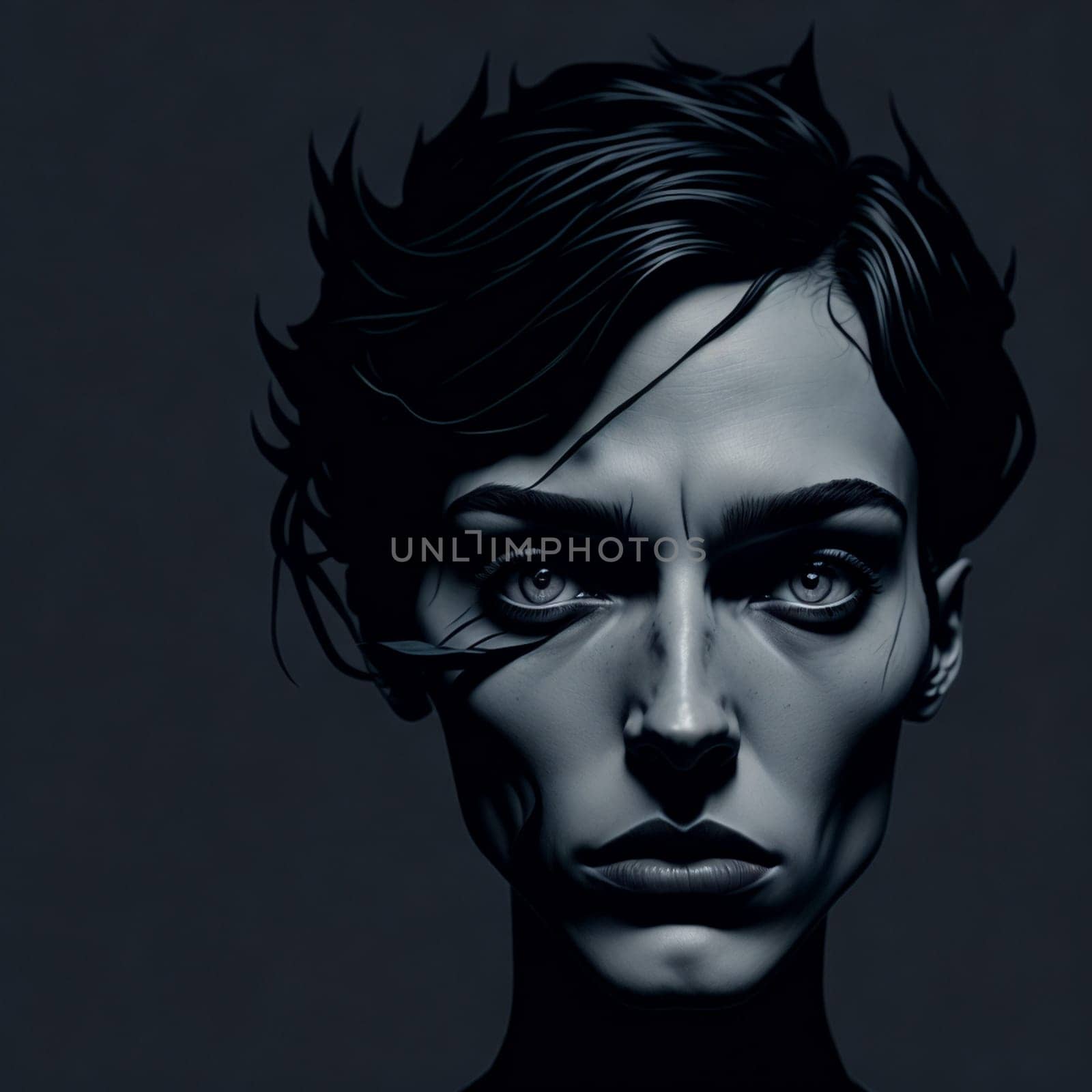 Ai generated portrait of a young woman in black and white geometric Bauhaus style. Dark background