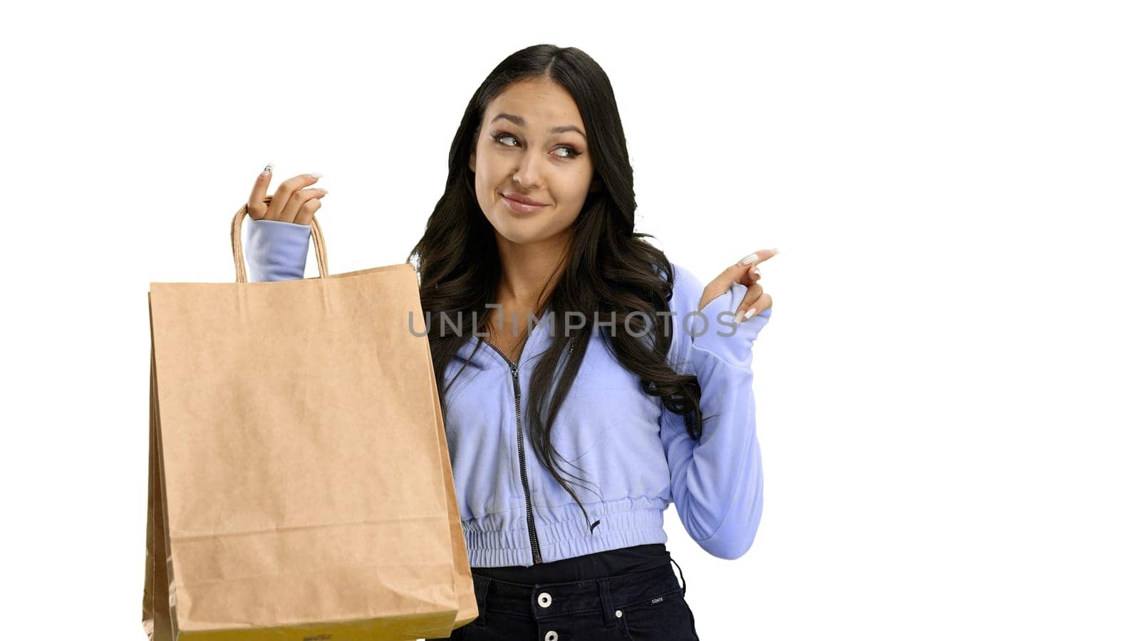 Woman, close-up, on a white background, with bags.