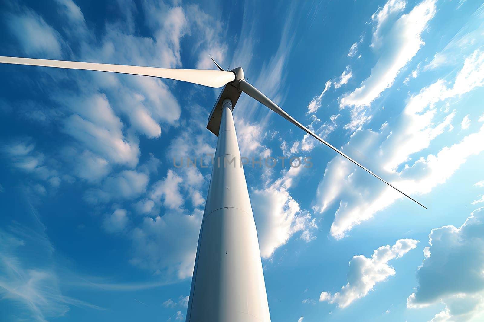 Low angle of wind turbine against bright blue sky with white clouds. Renewable or green energy concept. Neural network generated in January 2024. Not based on any actual scene or pattern.