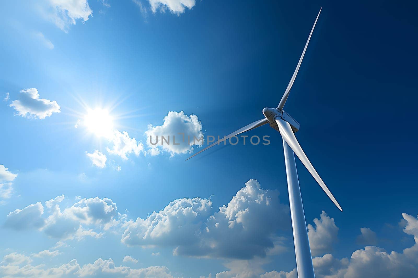 Low angle of wind turbine against bright blue sky with white clouds. Renewable or green energy concept. Neural network generated in January 2024. Not based on any actual scene or pattern.