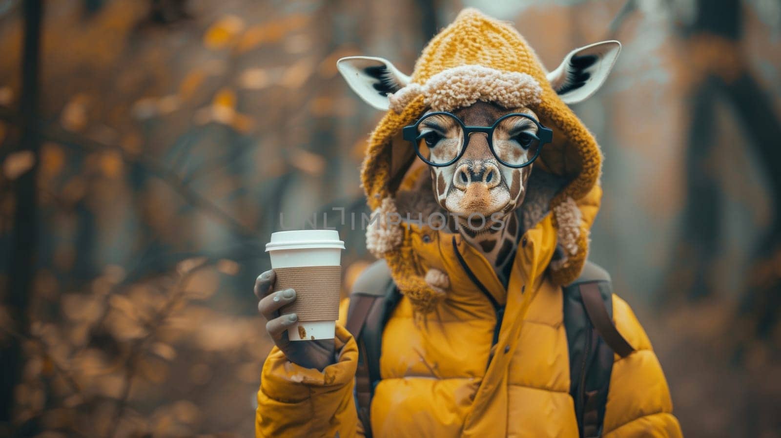 A giraffe wearing a yellow jacket and holding coffee