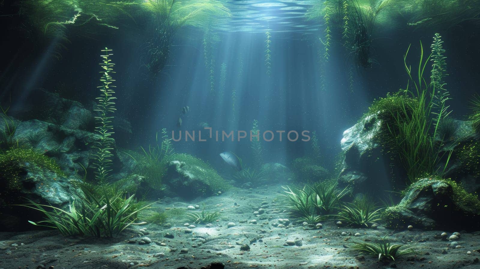 A view of a beautiful underwater scene with sunlight shining through the water