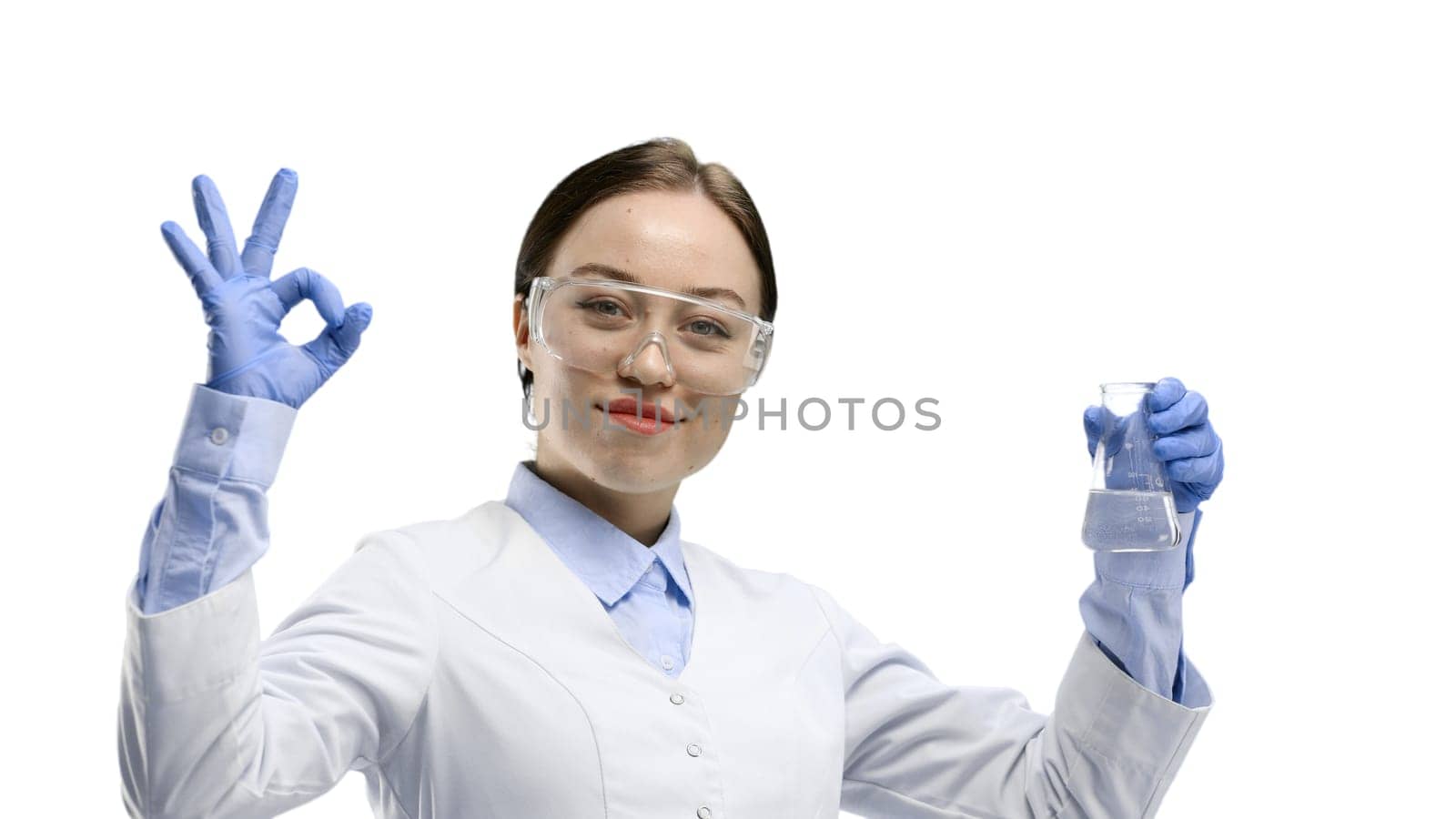 Female doctor, close-up, on a white background.