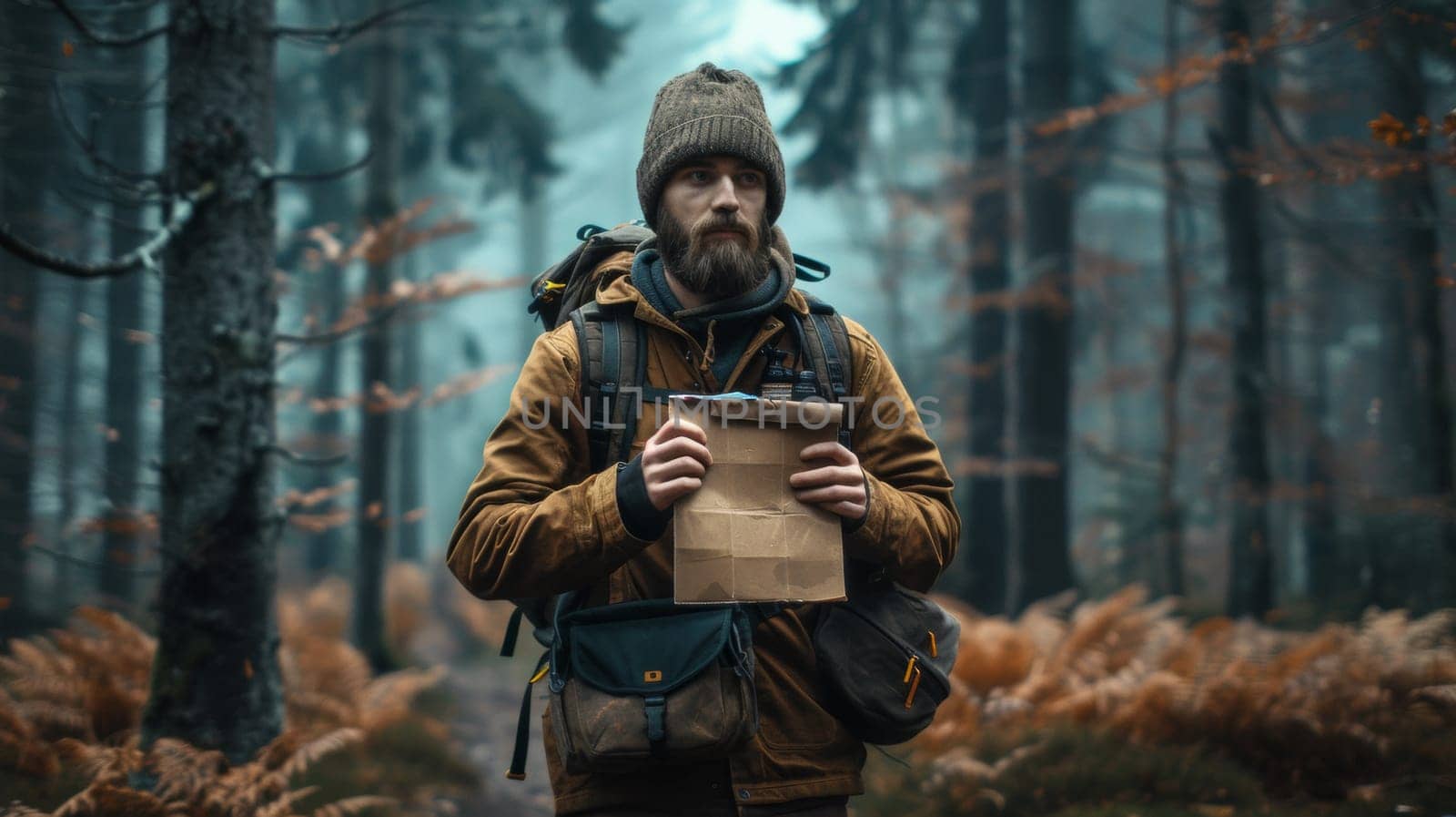 A man in a forest holding up an envelope and looking at it