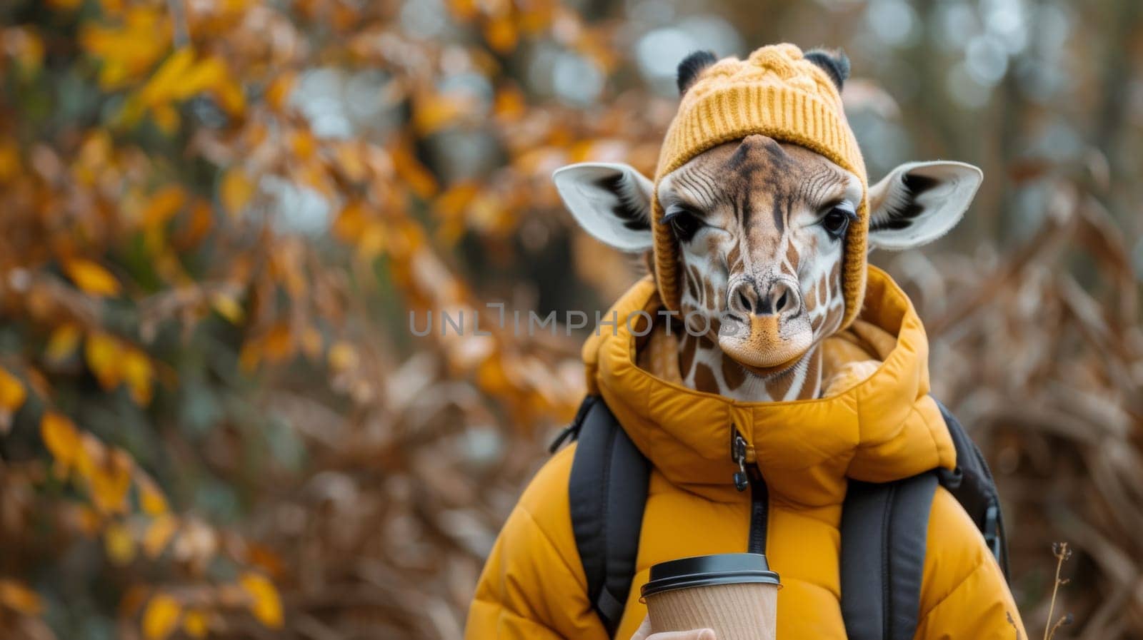 A giraffe wearing a yellow jacket and holding coffee