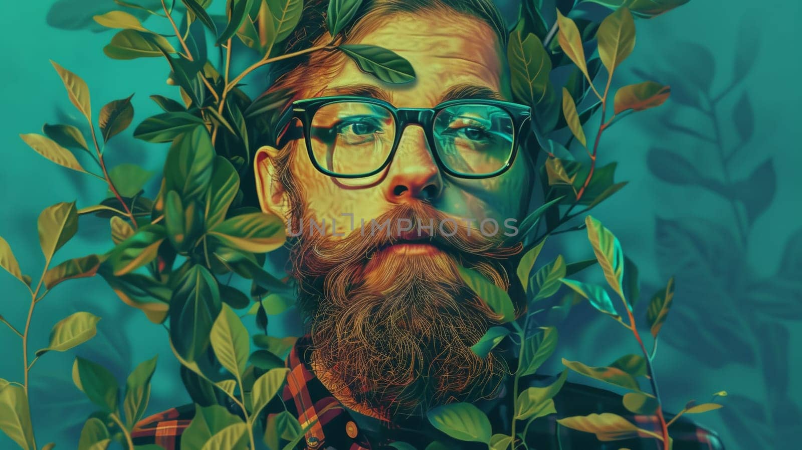 A man with glasses and beard surrounded by green leaves