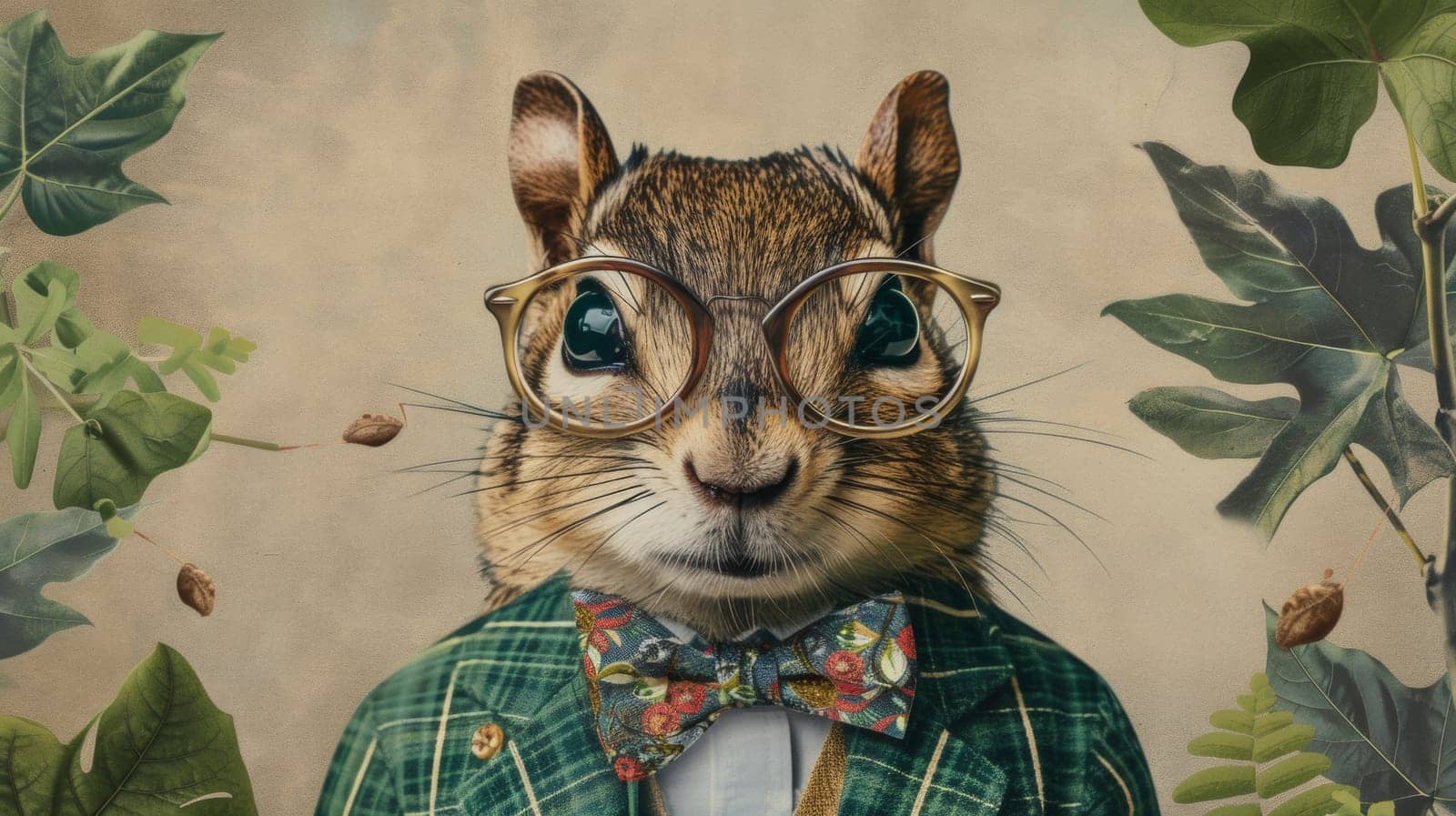 A squirrel wearing a suit and tie with glasses on