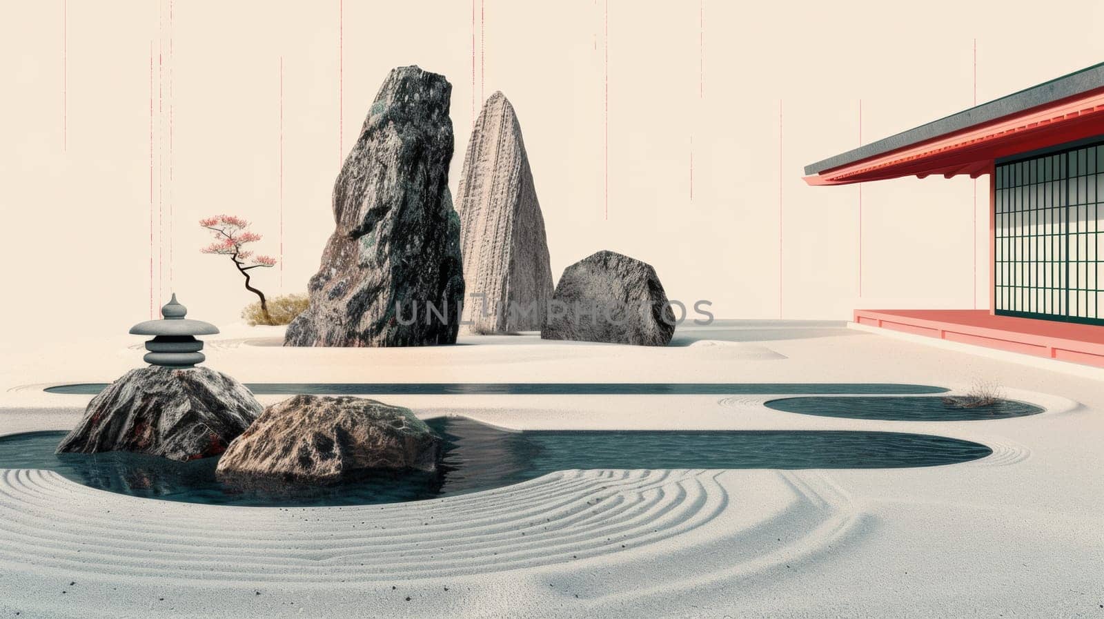 A japanese garden with rocks and a pond in the middle, AI by starush